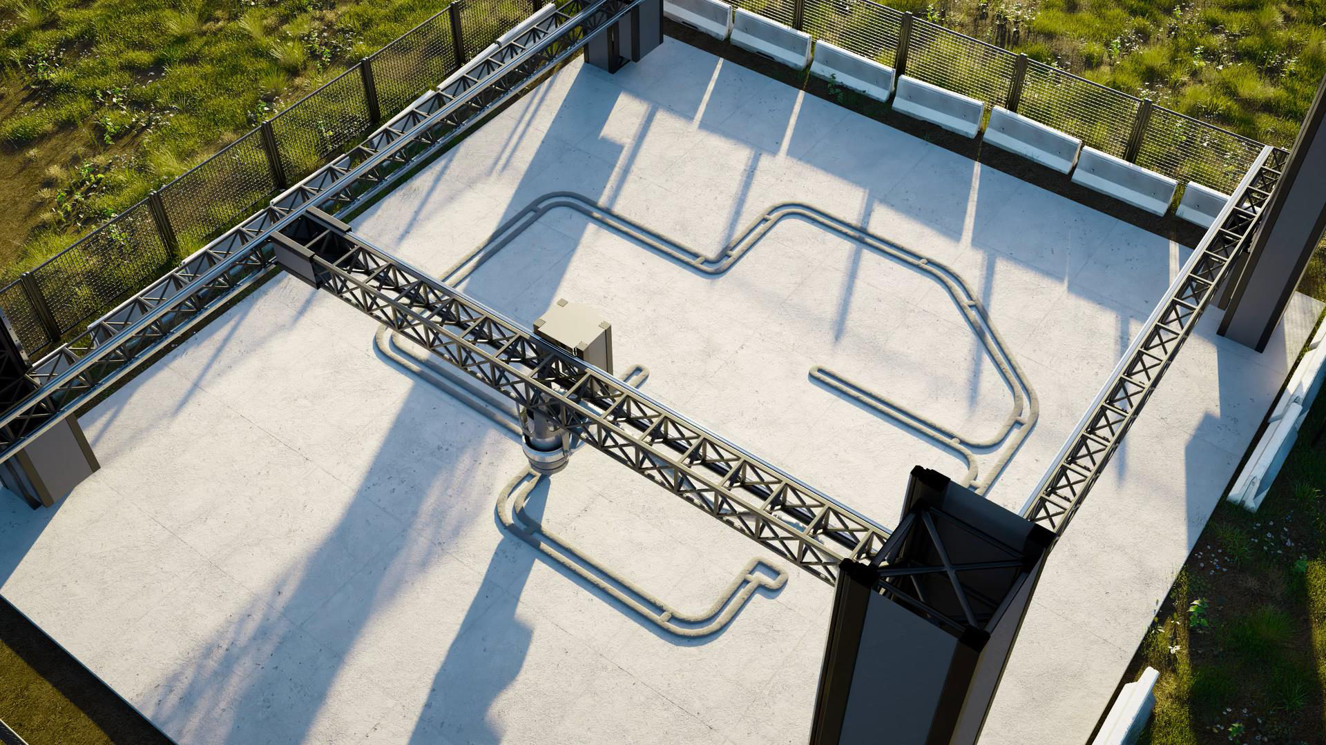 Overhead view of a gantry printer over a slab with printed wall paths